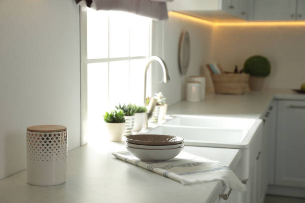 istock Modern kitchen with stylish furniture. Interior design 1346341840