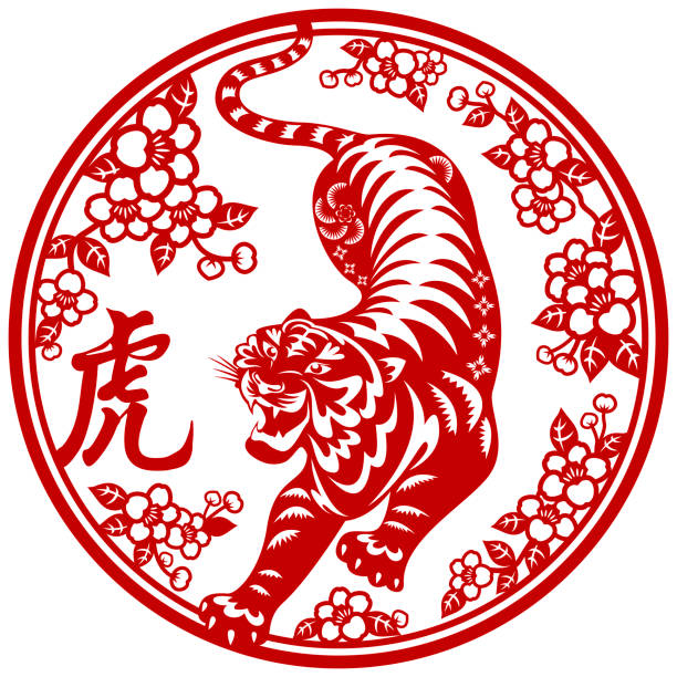 New Year Tiger Paperart To celebrate the Chinese New Year with red paper art of Chinese frame in the Year of the Tiger 2022 according to Chinese zodiac system chinese language stock illustrations