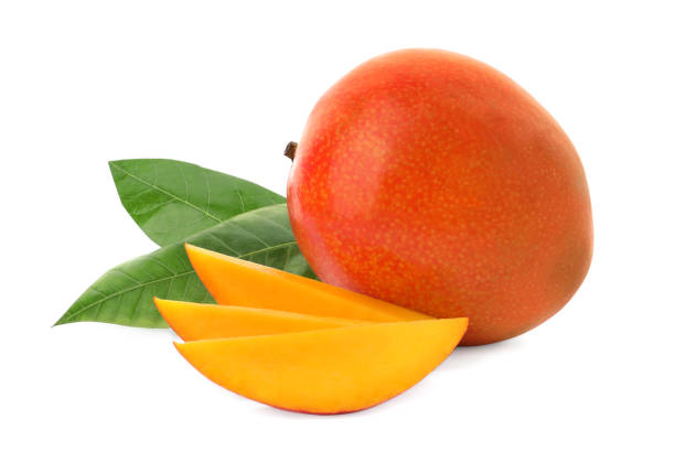 istock Whole and cut ripe mangoes isolated on white. Exotic fruit 1346343063