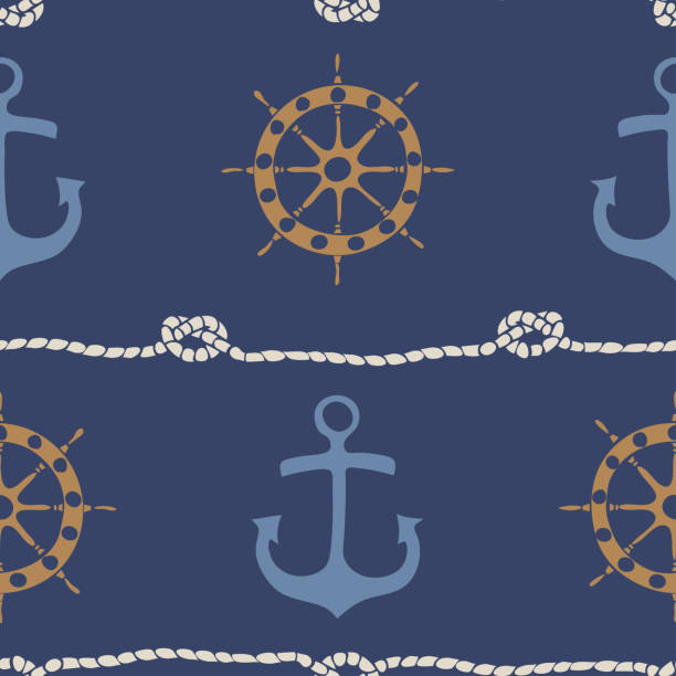 wiederholen sie das vektormuster mit anker und schiffsrad auf blauem hintergrund. einfaches nautisches tapetendesign. dekoratives marine life style mode textil. - romance travel backgrounds beaches holidays and celebrations stock-grafiken, -clipart, -cartoons und -symbole