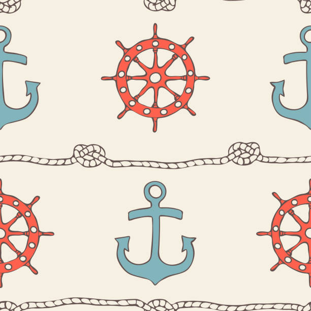 illustrazioni stock, clip art, cartoni animati e icone di tendenza di ripeti il modello vettoriale con l'ancora e la ruota della nave su sfondo giallo chiaro. semplice design di carta da parati nautica. tessuto decorativo di moda marina. - nautical vessel wave pattern old fashioned summer