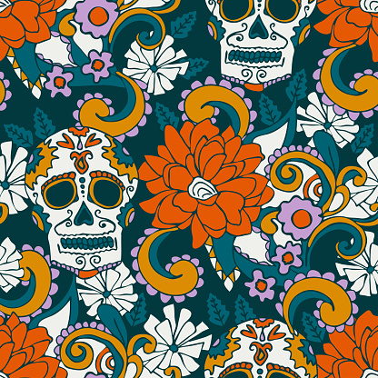 Seamless vector pattern with textured skull and flowers on teal green background. Mexico festive wallpaper design. Decorative floral fashion textile.