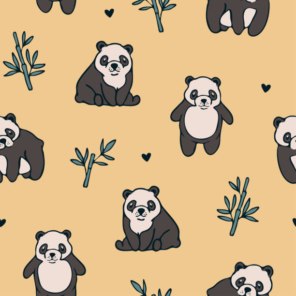 illustrations, cliparts, dessins animés et icônes de répétez le motif vectoriel avec un panda dessiné à la main sur fond jaune. conception simple et mignonne de papier peint animal. textile décoratif de mode ours en peluche. - teddy panda bear