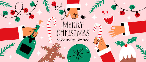 ilustrações, clipart, desenhos animados e ícones de faixa de natal horizontal com as mãos. conceito de jantar festivo. - business styles foods and drinks drinking