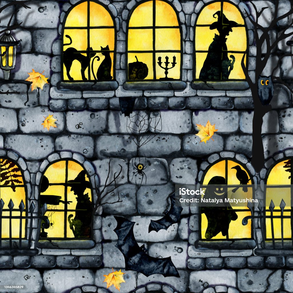 Gothic castle seamless pattern, halloween horrible house and banquet hall. Hand drawn watercolor illustration isolated on white white. Silhouette of a witch in the window for Halloween holiday design Gothic castle seamless pattern, halloween horrible house and banquet hall. Hand drawn watercolor illustration isolated on white white. Silhouette of a witch in the window for Halloween holiday design. Autumn stock illustration