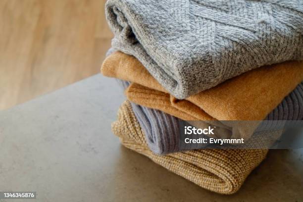 Stack Of Sweaters Stock Photo - Download Image Now - Sweater, Knitting, Folded