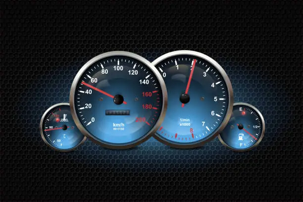 Vector illustration of Speed movement vector abstract technological background with racing speedometer. Fast car race, sport drive illustration, car dashboard.