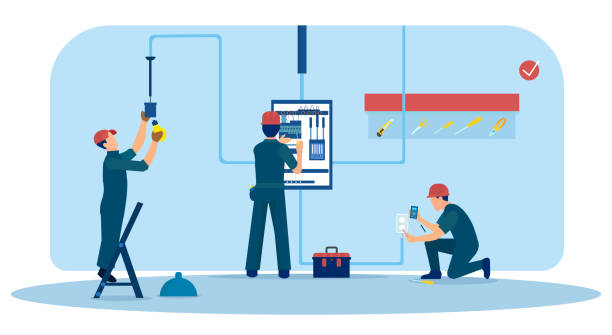 Vector of a team of electricians men working at a new home checking the electricity box installing sockets and lighting Vector of a team of electricians working at a new home checking the electricity box installing sockets and lighting electrician stock illustrations