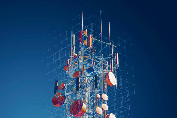 telecommunication tower with connection points - tower imagens e fotografias de stock