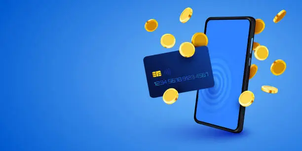 Vector illustration of Mobile banking app and e-payment. Smartphone pay by credit card via electronic phone wallet. Online banking. Shopping by phone.