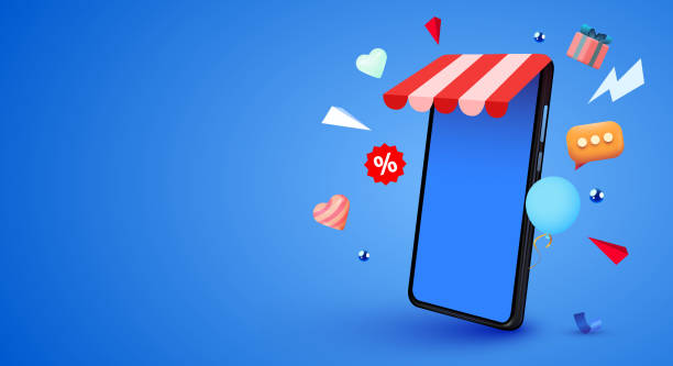 61% dos brasileiros compram mais pela internet do que em lojas físicas, aponta pesquisa 4 ilustraciones, imágenes clip art, dibujos animados e iconos de stock de teléfono inteligente móvil con aplicación shopp. concepto de compra online. - e-commerce