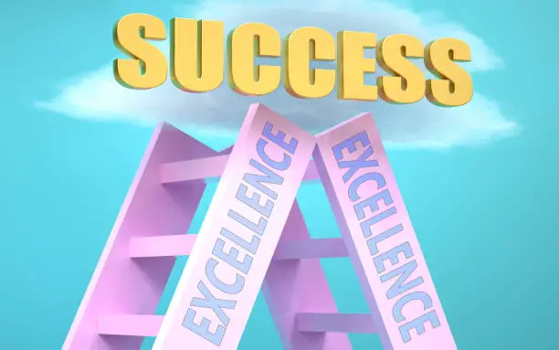 Excellence ladder that leads to success high in the sky, to symbolize that Excellence is a very important factor in reaching success in life and business., 3d illustration.