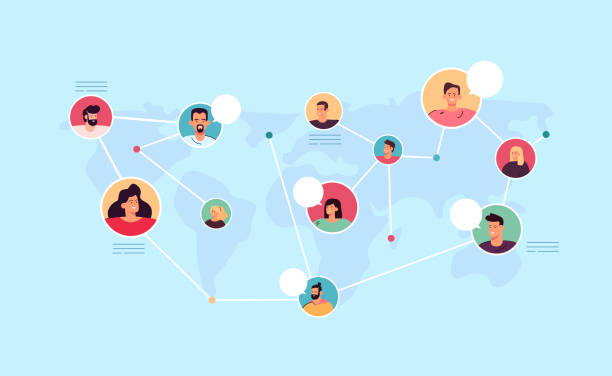 Diverse of people in worldwide global communication Diverse of people in worldwide global communication. Female and male characters talking to friends from world map flat vector illustration. Friendship, network technology, chat in social media concept mixed cultures stock illustrations