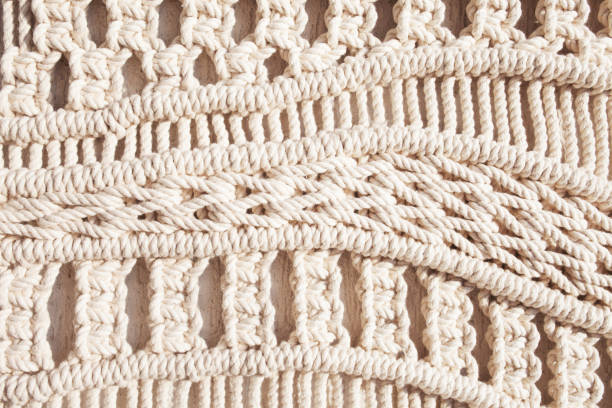 istock Close-up of hand made macrame texture pattern. ECO friendly modern knitting DIY natural decoration concept  in the interior.  Handmade macrame 100% cotton. Female hobby. 1346352610