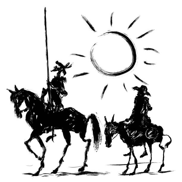 ilustraciones, imágenes clip art, dibujos animados e iconos de stock de una representación de siluetas de don quijote y sancho panza - horse sign black vector