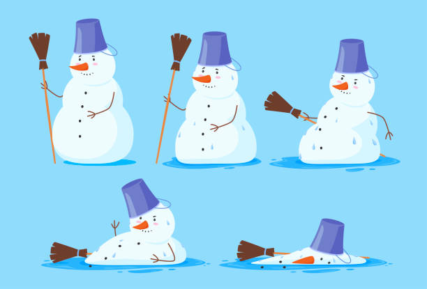 ilustraciones, imágenes clip art, dibujos animados e iconos de stock de divertidos pasos derretimiento muñeco de nieve conjunto vector flat ilustración personaje navideño desapareciendo - melting snowman winter spring