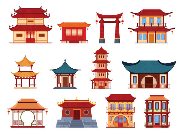 ilustraciones, imágenes clip art, dibujos animados e iconos de stock de edificios tradicionales asiáticos conjunto exterior vector ilustración plana templos y casas con torres - facade architecture asia built structure