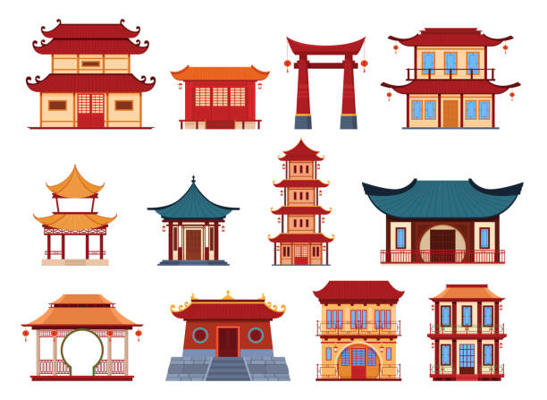 ilustrações, clipart, desenhos animados e ícones de edifícios asiáticos tradicionais exteriores definir vetor plano templos e casas com torres - facade architecture asia built structure