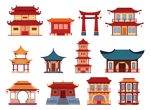 Traditional Asian buildings exterior set vector flat illustration. Collection temples and houses with towers and outdoor lighting isolated on white. Buddhism pagodas oriental architecture facade