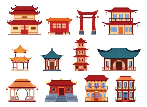 Vector illustration of Traditional Asian buildings exterior set vector flat illustration temples and houses with towers