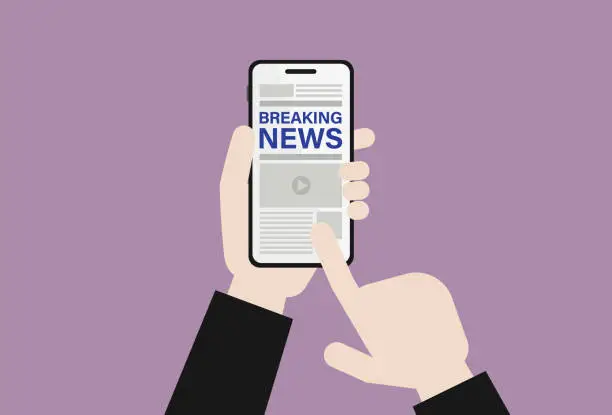 Vector illustration of Hand holding a mobile phone for reading a breaking news
