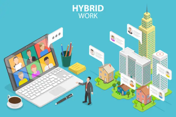 Vector illustration of 3D Isometric Flat Vector Conceptual Illustration of Hybrid Work