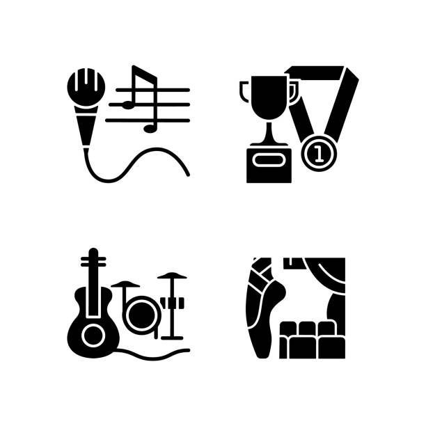 hobbystyczne i rekreacyjne czarne ikony glifów ustawione na białej przestrzeni - silhouette singer singing group of objects stock illustrations