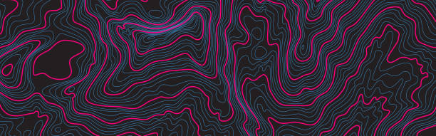 The black on blue and red contours vector topography stylized height of the lines. The concept of a conditional geography scheme and the terrain path. Ultra wide. Map on land vector terrain Illustration. topology stock illustrations