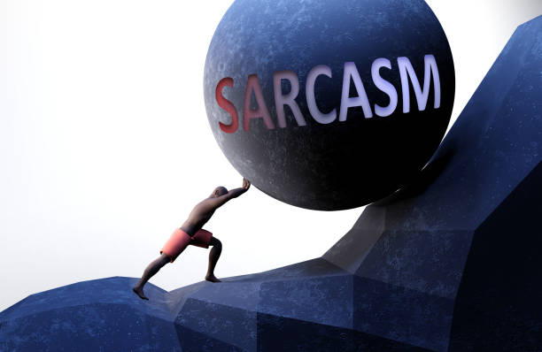 istock Sarcasm as a problem that makes life harder - symbolized by a person pushing weight with word Sarcasm to show that Sarcasm can be a burden that is hard to carry, 3d illustration 1346359962