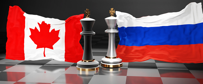 Canada Russia summit, fight or a stand off between those two countries that aims at solving political issues, symbolized by a chess game with national flags, 3d illustration.