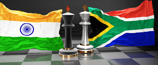 India South Africa summit, fight or a stand off between those two countries that aims at solving political issues, symbolized by a chess game with national flags, 3d illustration.