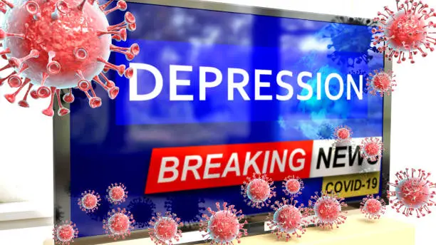 Photo of Covid, depression and a tv set showing breaking news - pictured as a tv set with corona depression news and deadly viruses around attacking it, 3d illustration