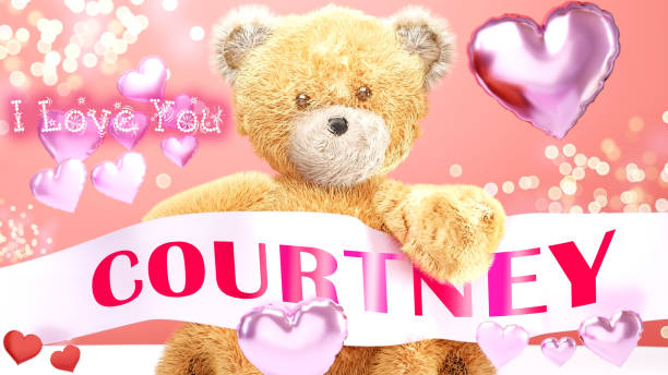 I love you Courtney - teddy bear on a wedding, Valentine's or just to say I love you pink celebration card, sweet, happy party style with glitter and red and pink hearts, 3d illustration I love you Courtney - teddy bear on a wedding, Valentine's or just to say I love you pink celebration card, sweet, happy party style with glitter and red and pink hearts, 3d illustration. hi res stock pictures, royalty-free photos & images