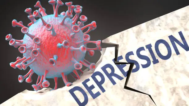 Covid virus causing depression, breaking an established and sturdy structure creating depression in the world, 3d illustration.