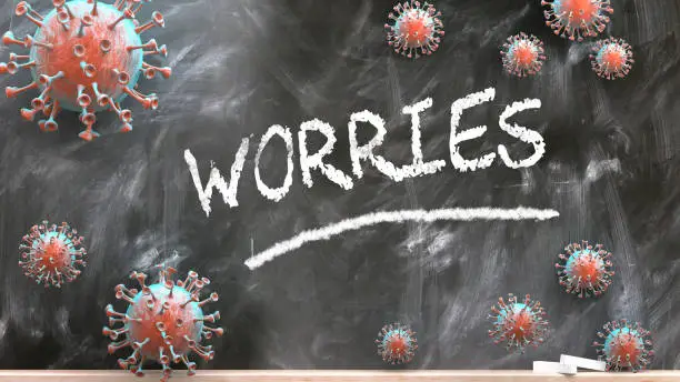 Photo of Worries and covid virus - pandemic turmoil and Worries pictured as corona viruses attacking a school blackboard with a written word Worries, 3d illustration