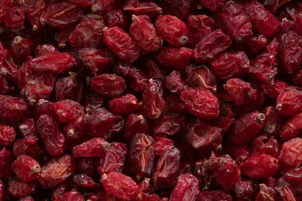 Detailed and large close up shot of dried barberries.