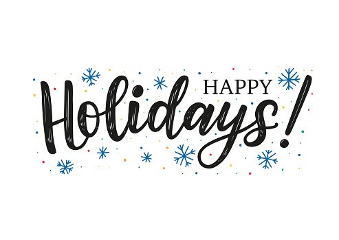 Happy Holidays typography poster decorated by dots and snowflakes. Hand sketched lettering happy holidays as card, postcard, poster, banner, template. Vector illustration