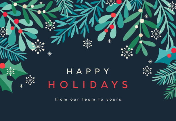 Holiday, Christmas background with snowflakes, pine tree and mistletoe branches. Greeting card, invitation template.