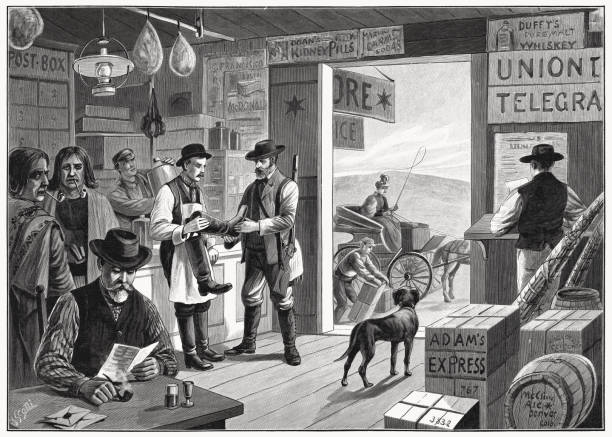 In a grocer's, Western USA, wood engraving, published in 1897 In a grocer's in the western United States in the late 19th century. Wood engraving after a drawing by J. Scotti, published in 1897. old oil lamp stock illustrations