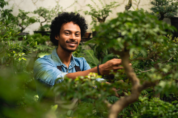 man taking care of plants