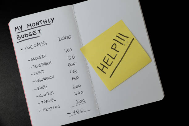 Notebook, with monthly budget, and card with "help" text. stock photo
