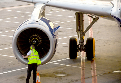 Pilot Inspecting Engine Pilot Undertaking Preflight Visual Inspection Of An Engine Stock Photo ...