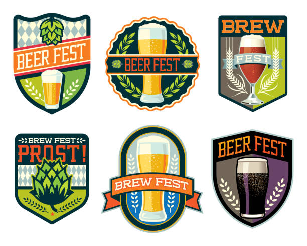 illustrazioni stock, clip art, cartoni animati e icone di tendenza di logo, badge e scudo della birra e del brew fest - oktoberfest