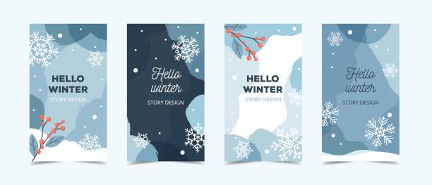 ilustraciones, imágenes clip art, dibujos animados e iconos de stock de plantilla de cuento de invierno para redes sociales, backgroung azul con copos de nieve y ramas de ilex, ilustración vectorial - holiday card
