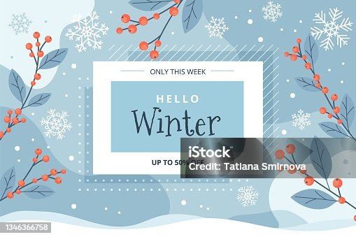 istock Hello winter sale banner, vector illustration template with snowflakes and ilex branches 1346366758