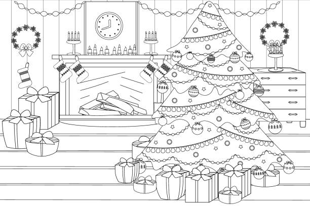 Coloring book on the theme of Christmas and New Year. On the eve of the holiday, the ball. Cozy living room with boots, fireplace, firewood, Christmas tree, gifts, candles, socks, garlands. Coloring book on the theme of Christmas and New Year. On the eve of the holiday, the ball. Cozy living room with boots, fireplace, firewood, Christmas tree, gifts, candles, socks, garlands. coloring book cover stock illustrations
