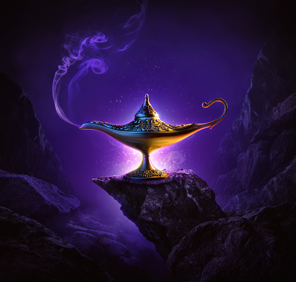 The Cave of the magic lamp, Aladdin magic lamp on purple background, Lamp of wishes concept