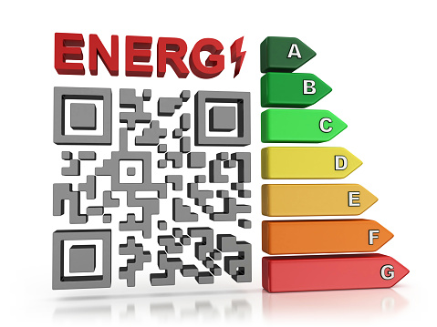 3d render. Energy efficient and QR code isolated on white background.