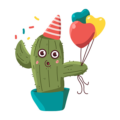 Cactus in pot celebrating birthday vector cartoon character.