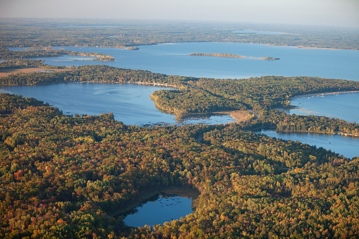 Aerial view of lakes and trees in autumn color near Brainerd Minnesota